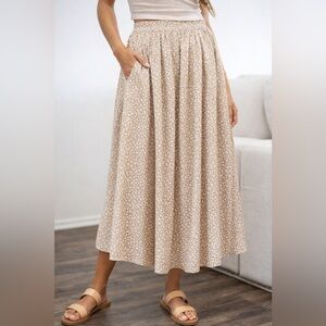 Vintage Beige Floral Pleated Midi Skirt w/ Pockets Cottagecore 90s Academia